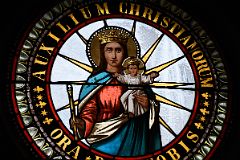 02D The Virgin Mary Holding Jesus Stained Glass In The Sacred Heart Cathedral In Punta Arenas Chile.jpg
